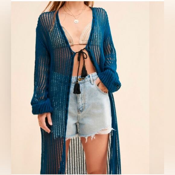 Blue Crochet Open Knit Cardigan Women’s XS 100% Cotton Cover Up NWT $198 - Picture 7 of 11